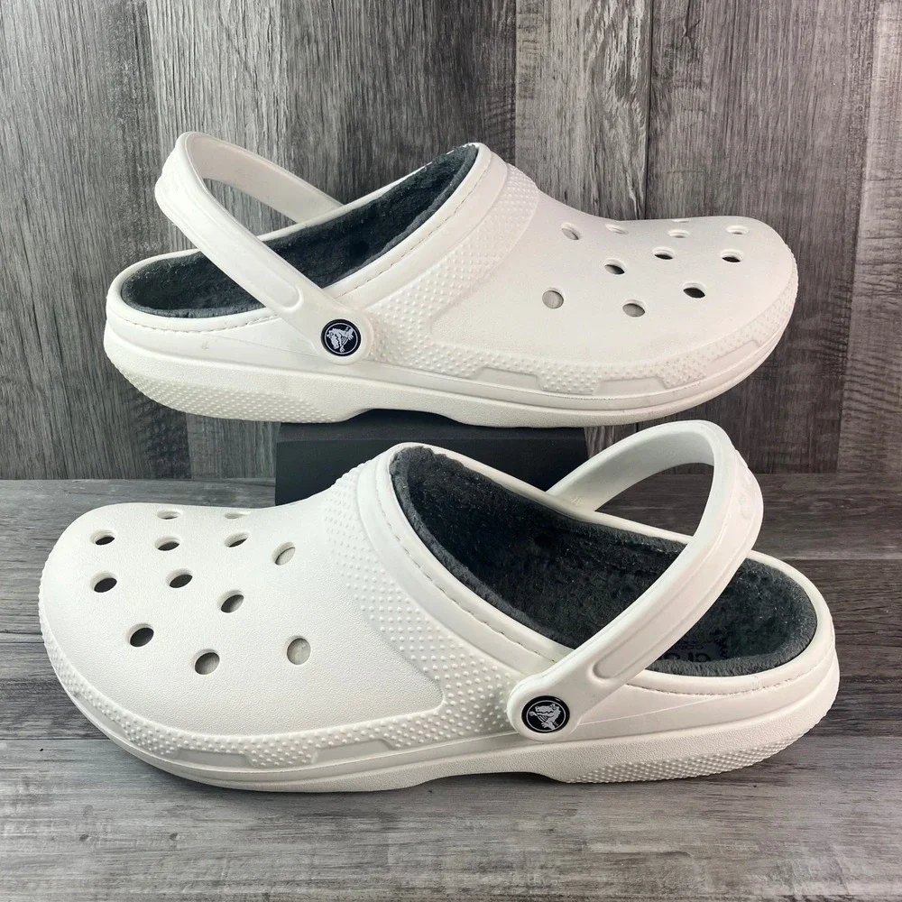 Crocs Classic Lined Clog White Grey Fuzzy Fur Comfort Shoes Mens 12 M12